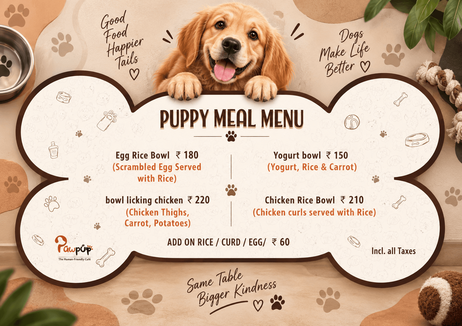 PawPup Cafe Puppy Meal Menu price list, page one
