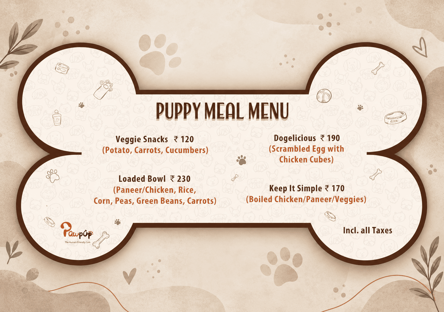 PawPup Cafe Puppy Meal Menu price list, page two