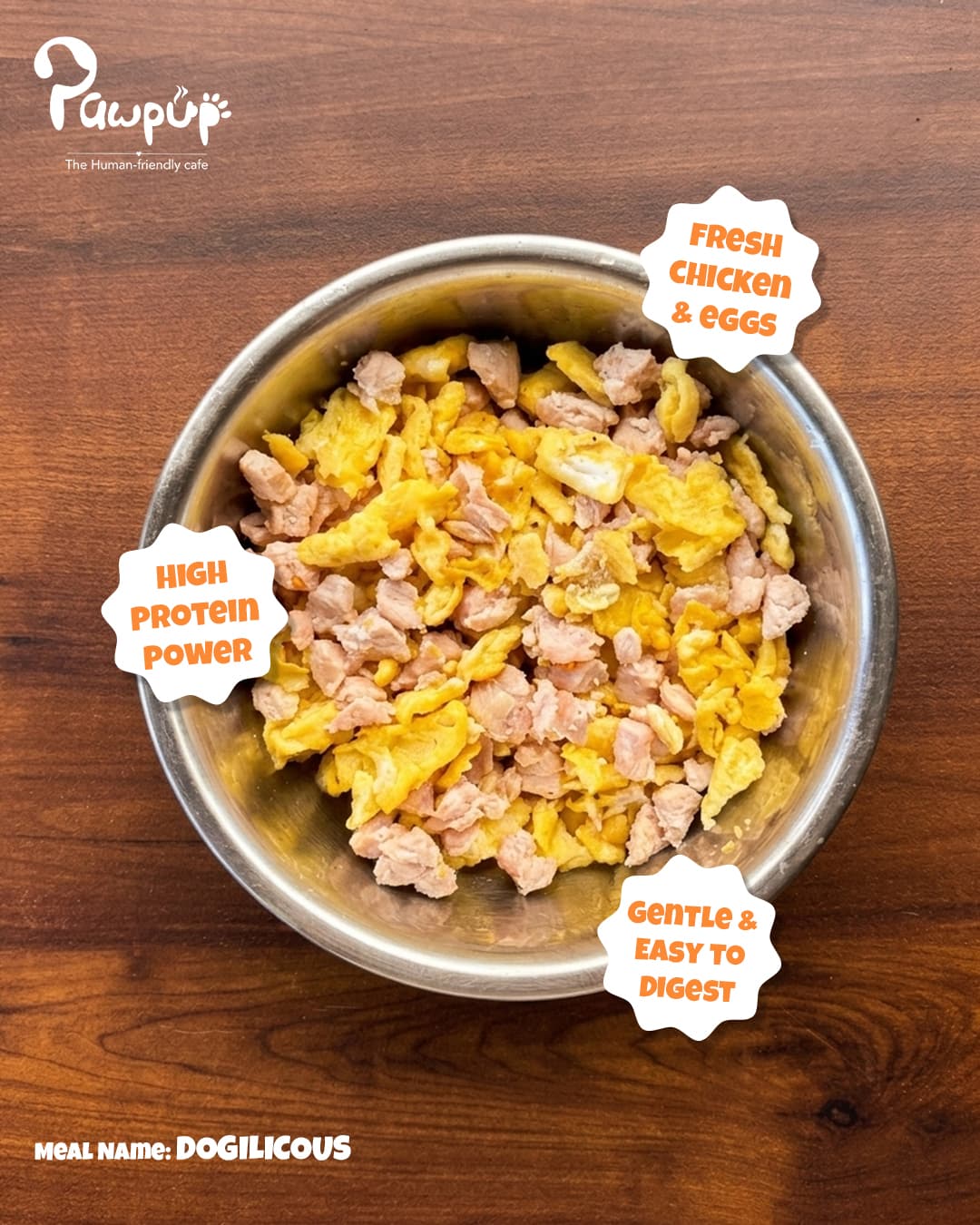 Close-up of the Dogelicious bowl of scrambled egg and chicken cubes